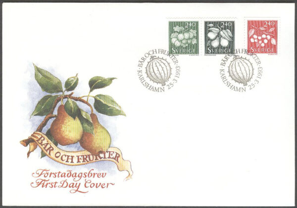 Sverige - FDC 1993-03-25 - Bär och frukter, serie 3 kpl Vinjett 1