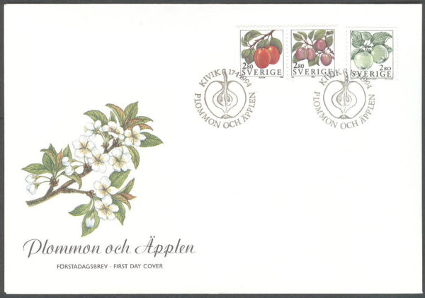 Sverige - FDC 1994-01-17 - Äpplen och plommon, serie 3 kpl Vinjett 1