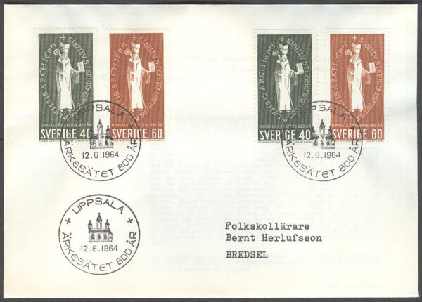 Sverige - FDC 1964-06-12 - Uppsala ärkesäte 800 år, 4 kpl Adressat