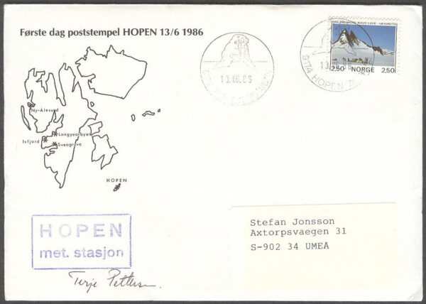 Norge - Minnespost 1986-06-13 - Første dag poststempel Hopen 13/6 1986 Autograf