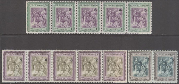 San Marino - M  387-389 I Återuppbyggnadsfond, 2 st 5-strip + par kpl **