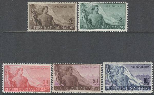 San Marino - M  397-401 Arbetets Dag 1948 - Flagga, serie 5 kpl **