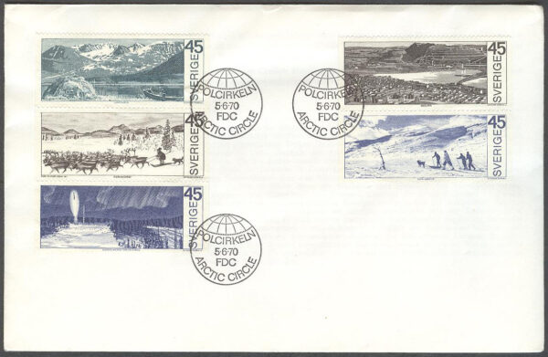 Sverige - FDC 1970-06-05 - Kring Polcirkeln, delad 5-strip kpl Stämpek 25,5 mm