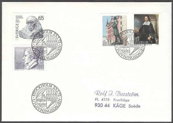 Sverige - FDC 1972-02-23 - Personjubiléer bla L H Hierta, 4 kpl Adressat