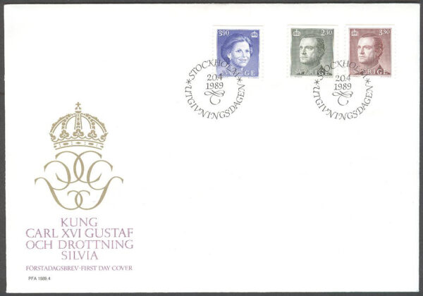 Sverige - FDC 1989-04-20 - Carl XVI Gustaf & Drottning Silvia, 3 kpl Vinjett 1