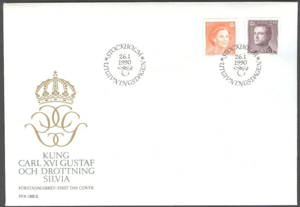 Sverige - FDC 1990-01-26 - Carl XVI Gustaf & Drottning Silvia, serie 2 kpl Vinjett 1