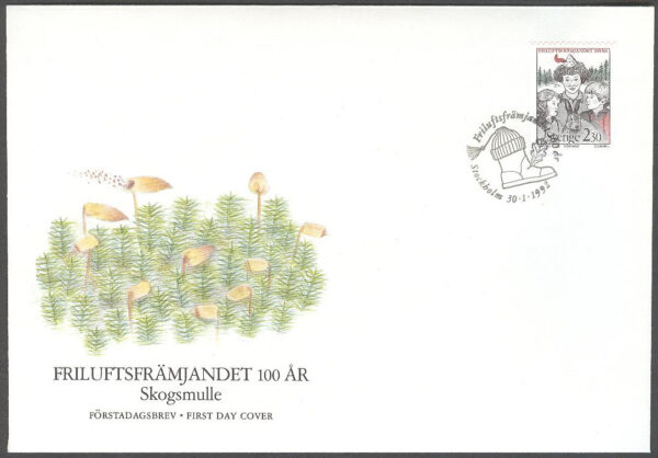 Sverige - FDC 1992-01-30 - Friluftsfrämjandet 100 år, märke kpl Vinjett 1