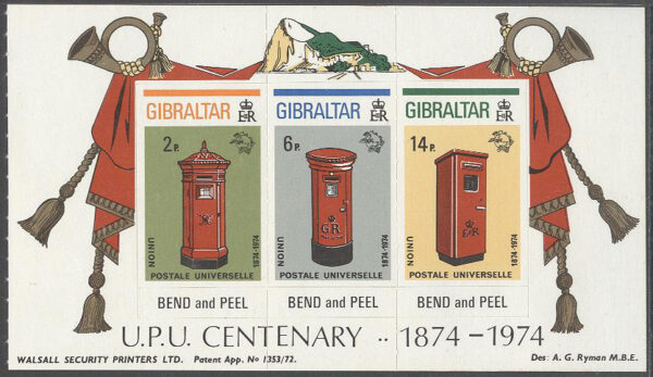 Gibraltar - M  310-312 B Världspostföreningen UPU 100 år - Postlådor, HBL kpl **