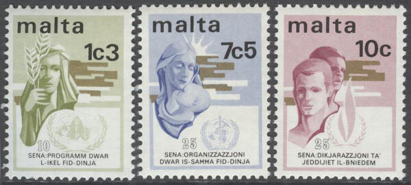 Malta - M  475-477 FN minnen bla WHO 25 år, 3 kpl **