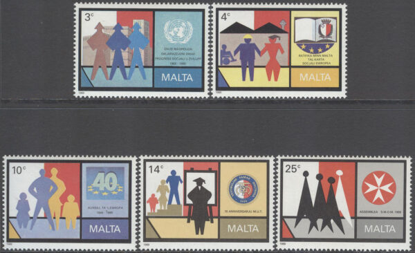 Malta - M  822-826 Minnen bla Europarådet 40 år - FN, 5 kpl **
