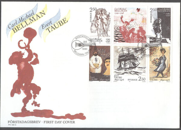 Sverige - FDC 1990-08-08 - Carl Michael Bellman & Evert Taube, 6 kpl Vinjett 1