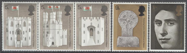 England - M  522-526 Fursten från Wales - Torn - Prins Charles, 3-strip + 2 kpl **