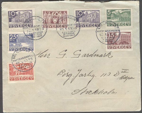 Sverige - FDC 1935-01-10 - Riksdagen 500 år, 7 märken Stäm Riksdagshuset Adressat