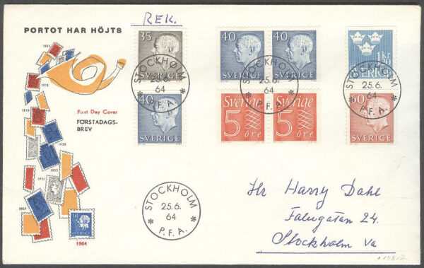Sverige - FDC 1964-06-25 - Bruksmärken, serie 8 kpl Vinjett 4 Adressat