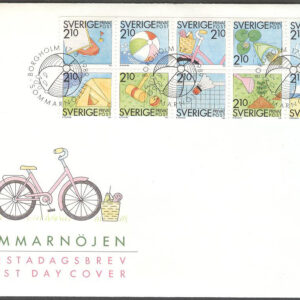 Sverige – FDC 1989-05-17 – Rabattmärken XI – Sommarnöjen, 10 kpl Vinjett 1 Plåtskarv