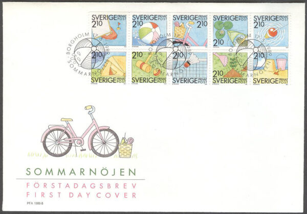 Sverige - FDC 1989-05-17 - Rabattmärken XI - Sommarnöjen, 10 kpl Vinjett 1 Plåtskarv