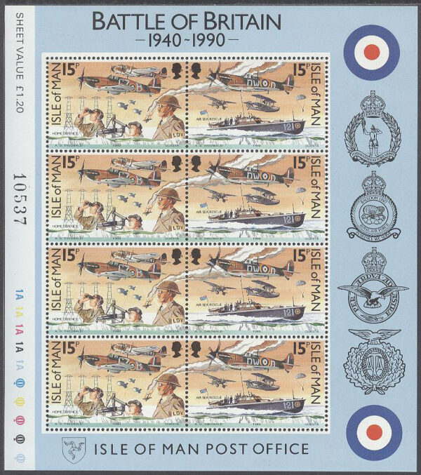 Isle of Man - M  442-447 x 4 Flyg - 2:a VK - Slaget om England, 3 st Miniark kpl **