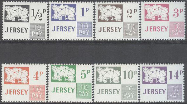 Jersey - M P    7-14 Portomärken - Karta över Jersey, 8 kpl **