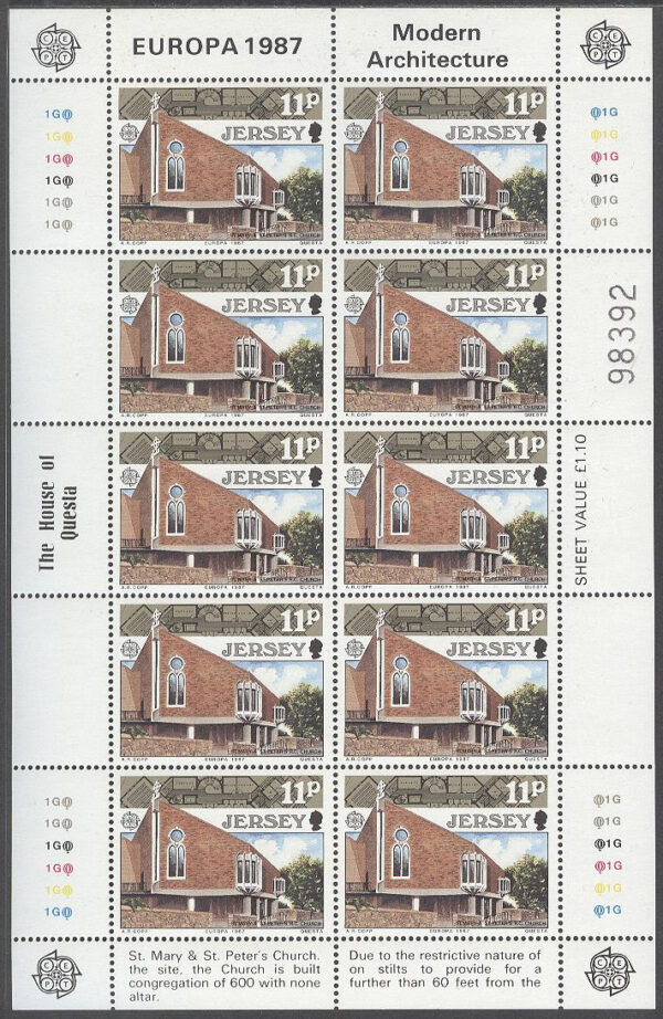 Jersey - M  405-407 Europa CEPT 1987 Arkitektur, 3 st Miniark kpl **