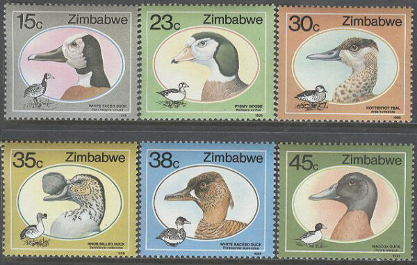 Zimbabwe - M  390-395 Fåglar - Änder bla Hottentotkricka, serie 6 kpl **