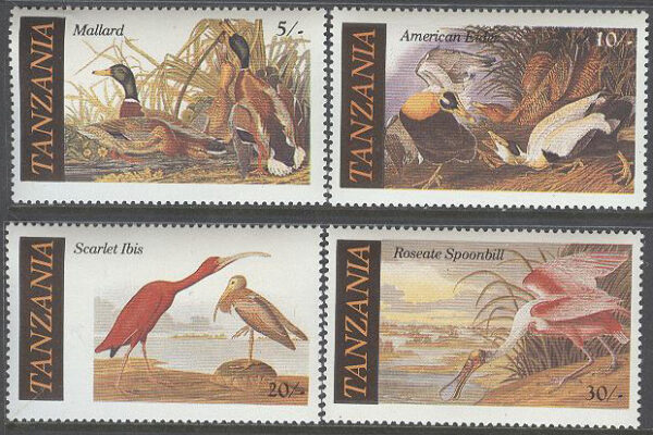 Tanzania - M  315-318 Fåglar b.l.a gräsand - JJ Audubon 200 år, 4 kpl **