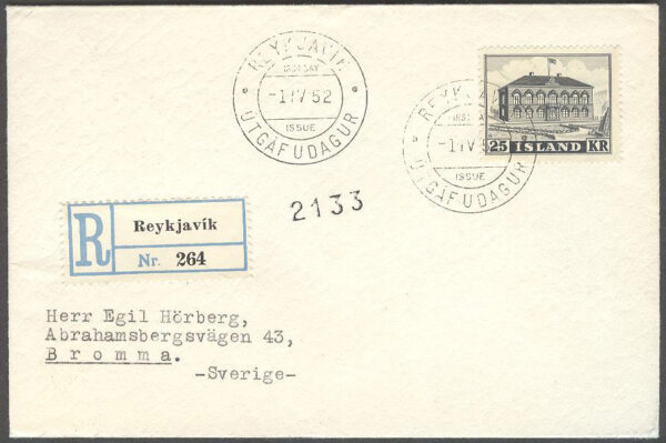 Island - FDC 1952-04-01 - Alltingshuset, 1 kpl REK + Adressat