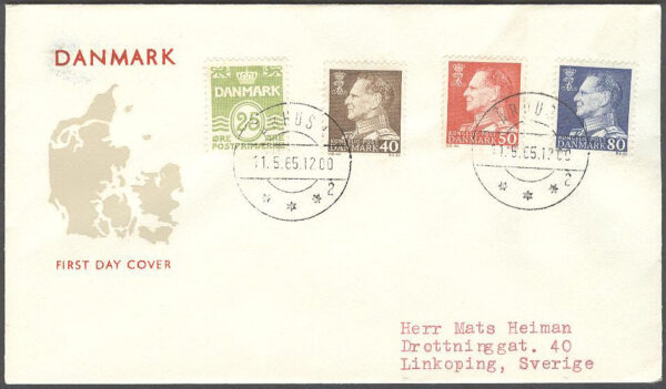 Danmark - FDC 1965-05-11 - Våglinje, Frederik IX, 4 kpl Vinjett  ej i katalog Adressat