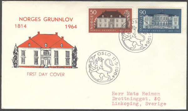 Norge - FDC 1964-05-11 - Eidsvoldsförsamlingen 150 år, 2 kpl Vinjett 6 Adressat