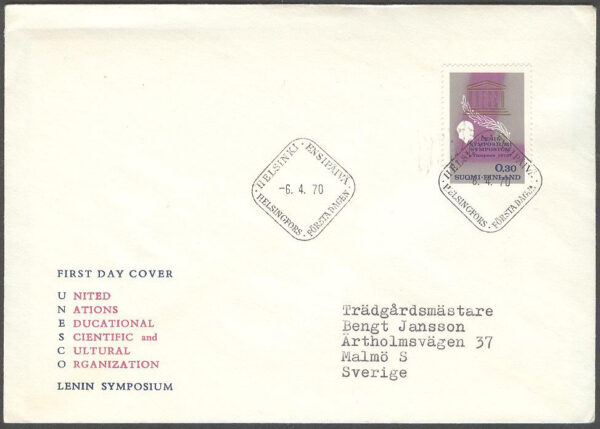 Finland - FDC 1970-04-06 - FN - UNESCO, 1 kpl Vinjett 5 Adressat