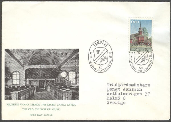 Finland - FDC 1970-04-11 - Keru kyrka. Bruksserie III, 1 kpl Vinjett 6 Adressat