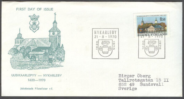 Finland - FDC 1970-08-21 - Nykarleby 350 år, 1 kpl Vinjett 3 Adressat