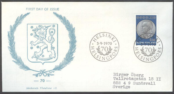 Finland - FDC 1970-09-03 - President Kekkonen 70 år, 1 kpl Vinjett 3 Adressat