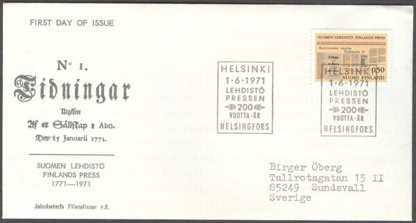 Finland - FDC 1971-06-01 - Finlands press, 1 kpl Vinjett 3 Adressat
