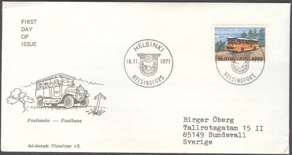 Finland - FDC 1971-11-18 - Postbuss Bruksserie III, 1 kpl Vinjett 2 Adressat