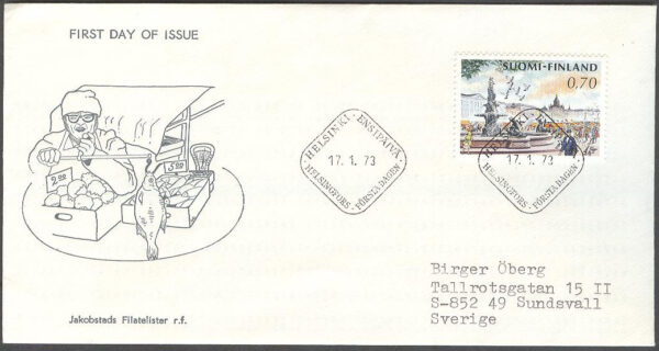 Finland - FDC 1973-01-17 - Salutorget i Helsingfors, 1 kpl Vinjett 2 Adressat