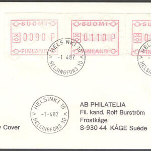 Finland – FDC 1982-04-01 – Frankeringsetiketter, serie 3 kpl Adressat