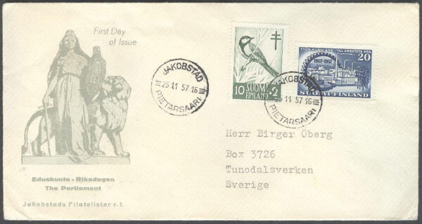 Finland - Brev 1957-11-25 - Till arbetets ära - Fåglar, 2 olika Vinjett Adressat