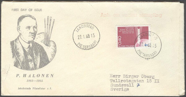 Finland - Brev 1968-01-27 - Fria Finland 50 år, märke Vinjett Adressat
