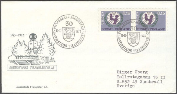 Finland - Brev 1973-11-11 - UNICEF 20 år, par kpl Vinjett Adressat
