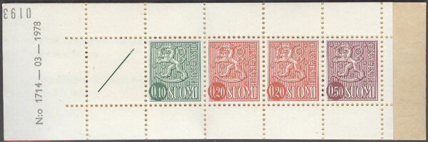 Finland - Häfte HA 11 kn N:o 1714 Lejontyp, 4 st frimärken **