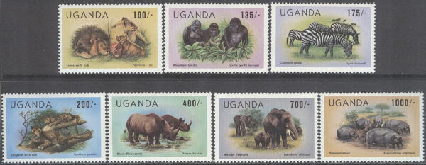 Uganda - M  383-389 Djur bla Lejon & Bergsgorilla, serie 7 kpl **