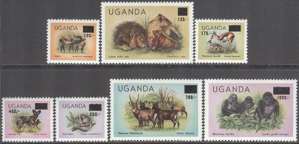Uganda - M  371-377 Djur bla Impalaantilop - Påtryck, serie 7 kpl **
