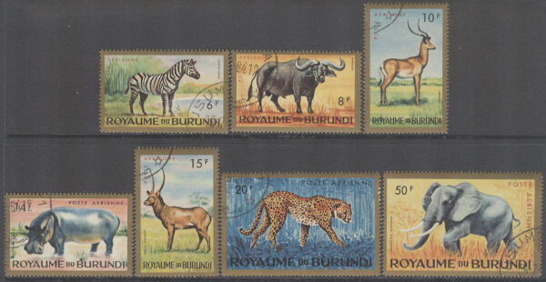 Burundi - M  102-108 A Afrikanska djur bla zebra & flodhäst, 7 kpl stpl