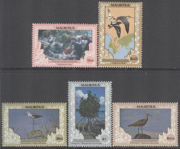 Mauritius - M  714-718 I Fåglar bla Gluttsnäppa - Miljöskydd, serie 5 kpl **