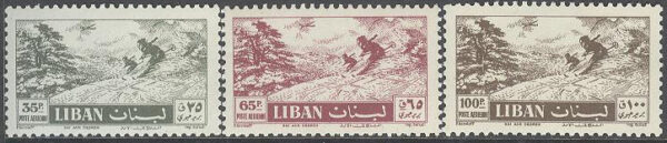 Libanon - M  587-589 Skidåkare i Les Cèdres - Flygpost, serie 3 kpl **