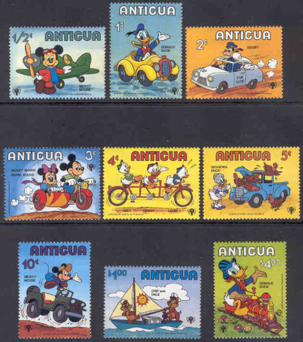 Antigua - M  563-571 Disneyfigurer i olika fordon, 9 kpl **