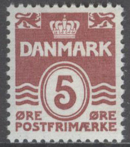 Danmark – F  103a Våglinjetyp utan hjärtan 5 öre vinröd **