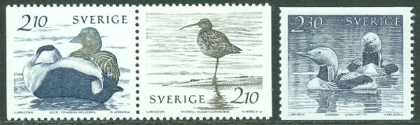 Sverige - F 1393-1395 Fåglar vid vatten - Ejder, Småspov, Storlom, 3 kpl **