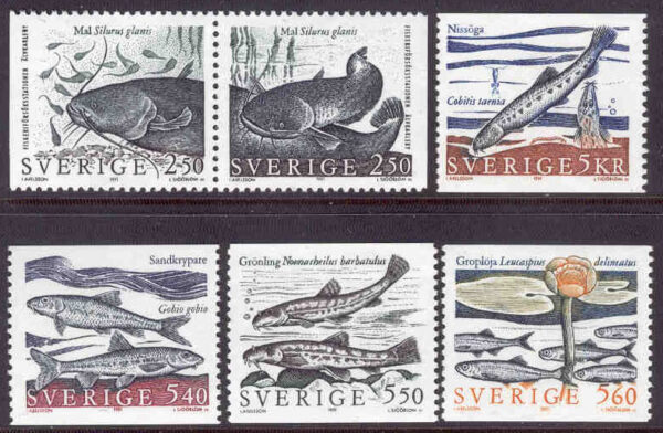 Sverige - F 1666-1671 Sällsynta sötvattensfiskar, 6 kpl **