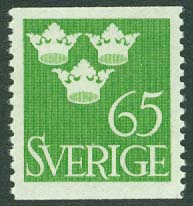 Sverige – F  287 Tre kronor, 65 öre gulgrön **